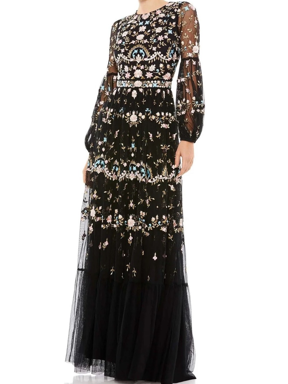 Mac Duggal Black Floral Embroidered Tulle Maxi Dress